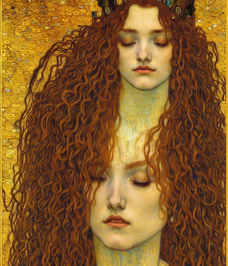 Image similar to detailed realistic beautiful young medieval queen face portrait by jean delville, gustav klimt and vincent van gogh, art nouveau, symbolist, visionary, gothic, pre - raphaelite, muted earthy colors, desaturated