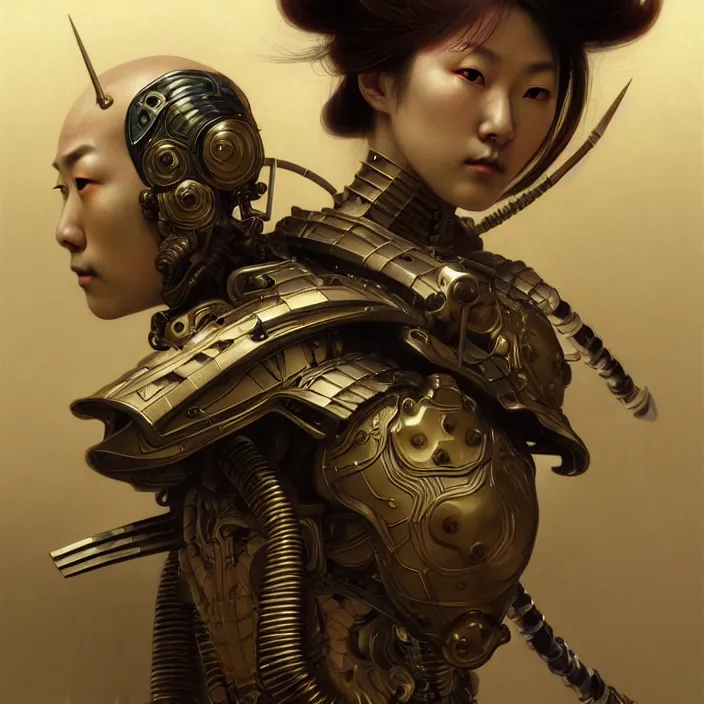 Prompt: japanese cyborg, Japanese samurai, diffuse lighting, fantasy, intricate, elegant, highly detailed, lifelike, photorealistic, digital painting, artstation, illustration, concept art, smooth, sharp focus, art by John Collier and Albert Aublet and Krenz Cushart and Artem Demura and Alphonse Mucha