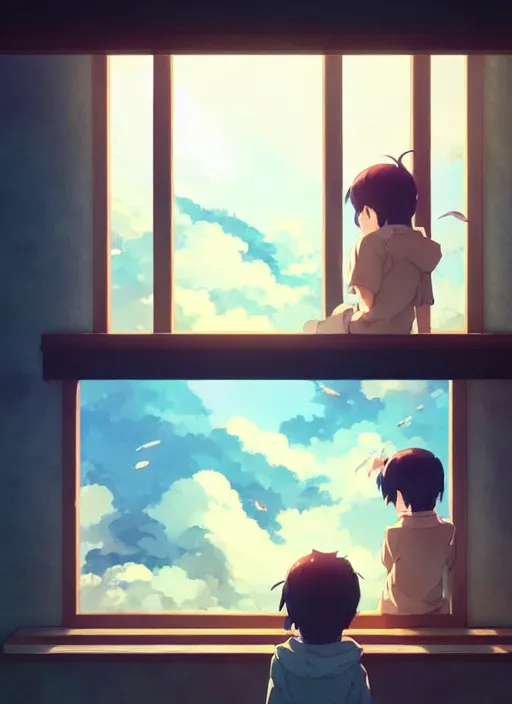 Prompt: boy and girl watching outside from a window, big whales on are on the the sky, illustration concept art anime key visual trending pixiv fanbox by wlop and greg rutkowski and makoto shinkai and studio ghibli