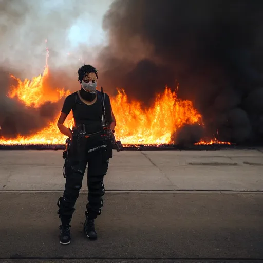 Image similar to Candid extreme wide shot of a poor techwear mixed woman with short hair and tattoos outside of a futuristic Los Angeles on fire, a police MRAP on fire, cyberpunk, 4k, extreme long shot, desaturated, full shot, action shot, motion blur, depth of field, sigma 85mm f/1.4, high resolution, 4k, 8k, hd, full color, award winning photography, war photography