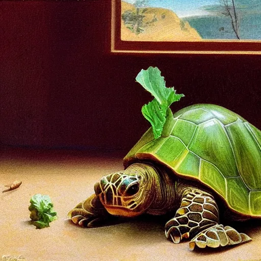 Prompt: Tortoise eating lettuce, art noveau, HD