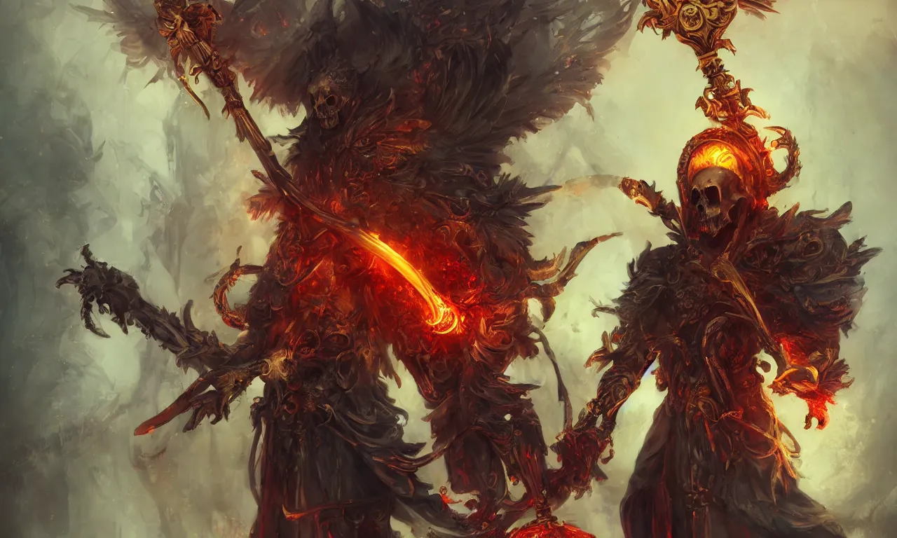 Image similar to breathtaking detailed soft painting of a grim reaper king with golden scythe, flowers intricated in bleeding meat, volumetric lighting, concept art, matte, sharp focus, art by celestialfang, matchach, juanmao, trending on artstation