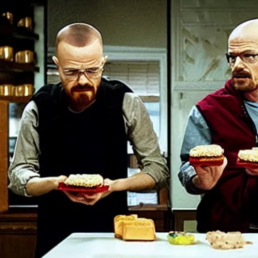 Image similar to walter white and jesse pinkman eating hamburger