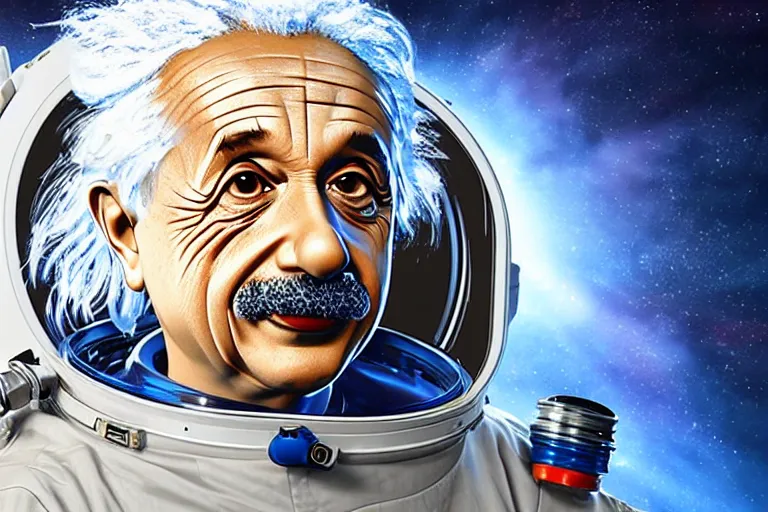 Image similar to still photo of albert einstein in spacesuit, highly detailed, photorealistic shot, bright studio setting, studio lighting, crisp quality and light reflections, unreal engine 5 quality render
