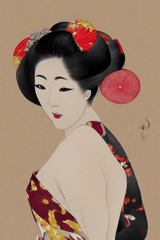 Image similar to extremely sensual geisha full body, one uncovered shoulder, different point of view, digital art, 8k, character, realistic, portrait, photorealism, japan watercolour, masterpiece art