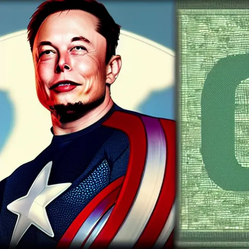 Image similar to if Elon Musk was captain America, shield as a bitcoin, cinematic, epic, cool, photo realistic, 4k, high detail