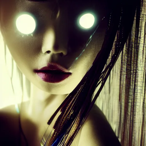 Prompt: closeup photo of beautiful sexy Chinese ancient princess standing in the corridor in the space ship, attractive symmetrical face, big eyes and lips, clean face and body skin,ecstatic face expression, ornamental jewelry and ancient translucent sexy clothes, futuristic space ship interrior, wires with lights,depth of field, lens flare, moody lighting, moody photography, old photo, black and white, sepia, cinematic lighting, cinematic angle, editorial photography