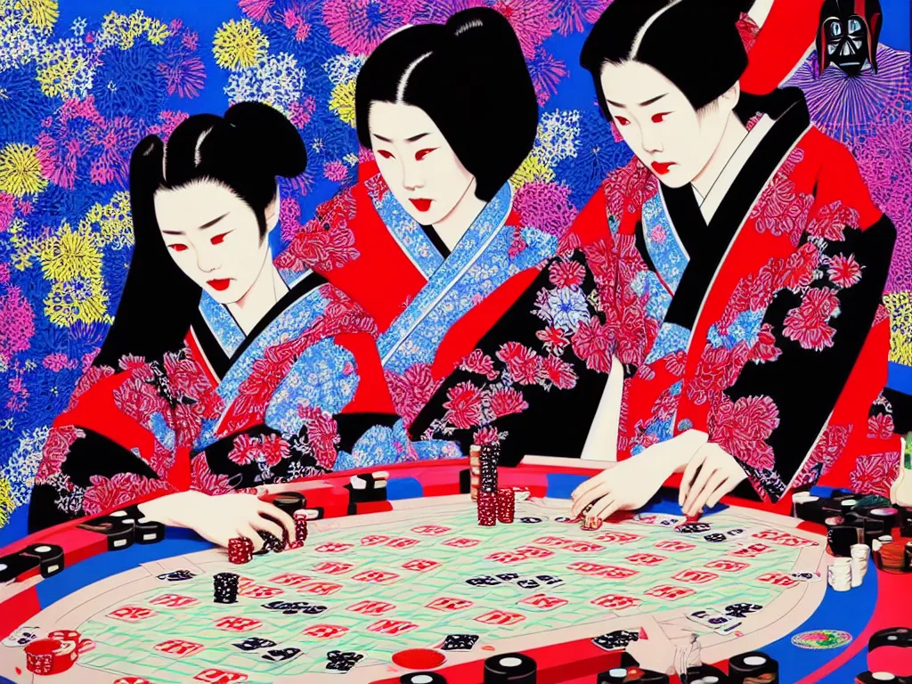 Image similar to hyperrealistic composition of the detailed woman in a japanese kimono sitting at a extremely detailed poker table with detailed darth vader, fireworks, mount fuji on the background, pop - art style, jacky tsai style, andy warhol style, acrylic on canvas