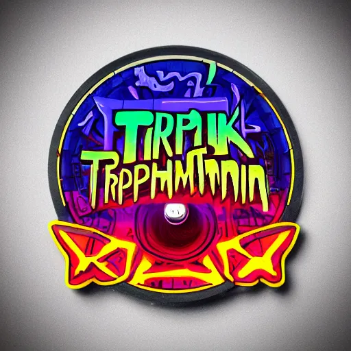 Prompt: sticker of a rock band, band name is tripmachine, on the sticker is a 3 d render of a huge futuristic steampunk power generator, 8 k, fluorescent colors, halluzinogenic, multicolored, exaggerated detailed