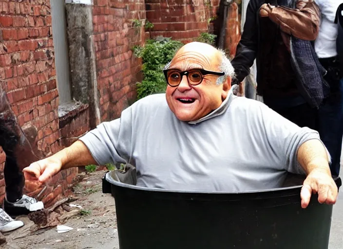 Prompt: Danny DeVito coming out of a trashcan