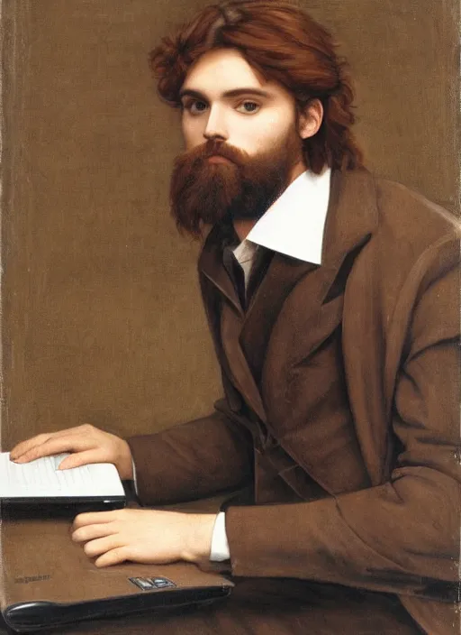 Prompt: Pre-Raphaelite young beautiful muscular brown-haired bearded muscular male with macbook sitting in a coffeshop