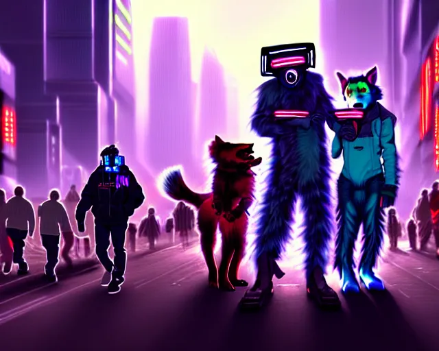 Image similar to high - resolution photograph from a cyberpunk era furry fandom convention ( midwest furfest 2 0 4 7 ), taking place after the genetic revolution and quantum singularity. photorealistic.