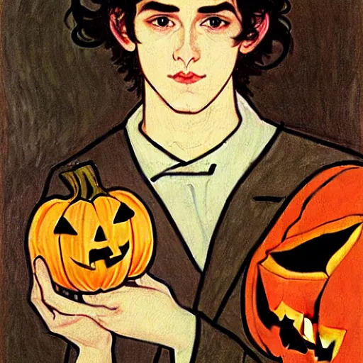 Image similar to painting of young cute handsome beautiful dark medium wavy hair man in his 2 0 s named shadow taehyung at the halloween pumpkin matcha party, straight nose, depressed, melancholy, autumn, elegant, clear, painting, stylized, delicate, soft facial features, delicate facial features, soft art, art by alphonse mucha, vincent van gogh, egon schiele