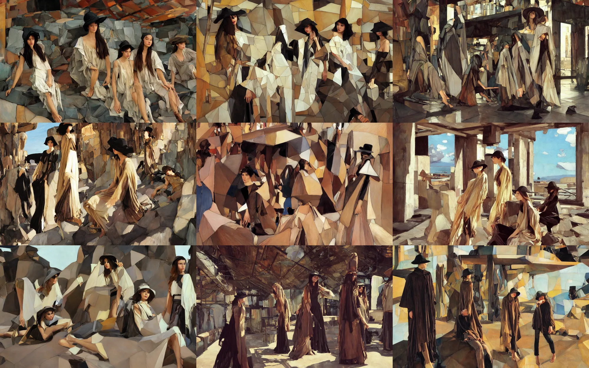 Prompt: low poly interior, dramatic light, industrial rusty pipes, simple form, brutal shapes, portrait of group of fashionable young womans wearing rich jewerly hat and boho poncho, lying pose on stones, 1970s fashion, Low poly, thunder clouds in the sky, artwork by Joaquin Sorolla and Denis Sarazhin and john william waterhouse and klimt and rhads and van gogh and Dean Ellis and Detmold Charles Maurice