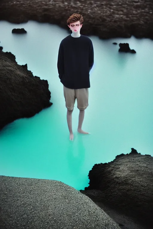 Prompt: high quality pastel coloured film mid angle docu photograph of a beautiful young 2 0 year old male, soft features, short black hair, oversized clothing, next to icelandic black rock pool environment. atmospheric. three point light. photographic. art directed. ( pastel colours ). volumetric light. clearcoat. waves glitch. 8 k. filmic.