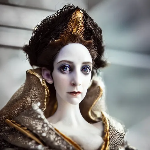 Prompt: photo taken of an epic intricate, ultra detailed, super realistic bust of a majestic gracious regal beautiful aristocratic victorian female vampire stop motion puppet created by weta workshop, menacing, some zoomed in shots, photorealistic, sharp focus, white wall, extremely cold blueish colour temperature, 3 5 mm, f 1. 4, golden ratio