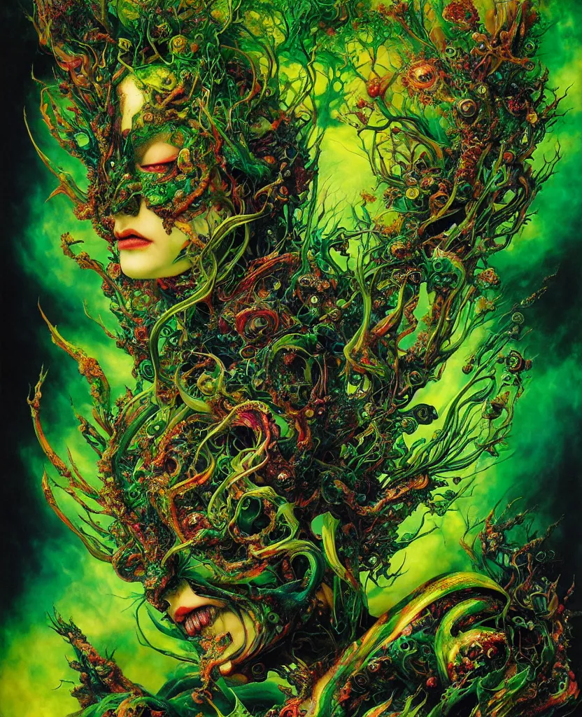 Image similar to realistic detailed image of green mega god of chaos, depth perception, depth of field, action horror by lisa frank, ayami, karol bak, neo - gothic, gothic, rich deep colors, part by adrian ghenie and gerhard richter. art by yoshitaka amano. masterpiece