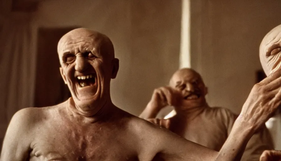 Image similar to 1 9 6 0 s movie still of chrysippus in hysterical laugh bent in a ancient greek bedroom, cinestill 8 0 0 t 3 5 mm, high quality, heavy grain, high detail, texture, dramatic light, anamorphic, hyperrealistic, detailed hair