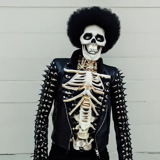 Prompt: skeleton with an afro wearing a spiked leather jacket