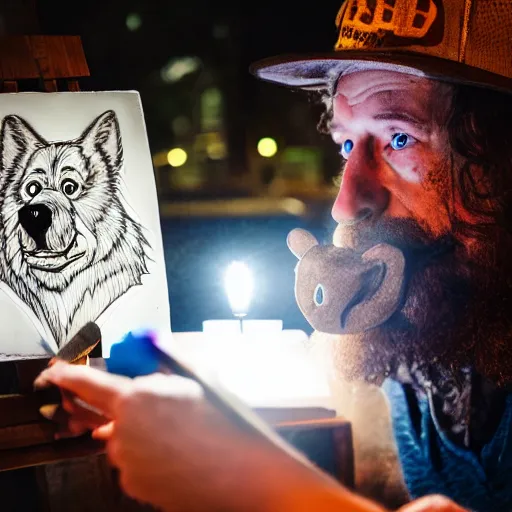 Image similar to photo portrait of drunk hobo artist drawing furries for booze, symmetry, awesome exposition, very detailed, highly accurate, intricate, professional lighting diffracted lightrays, 8 k, sense of awe