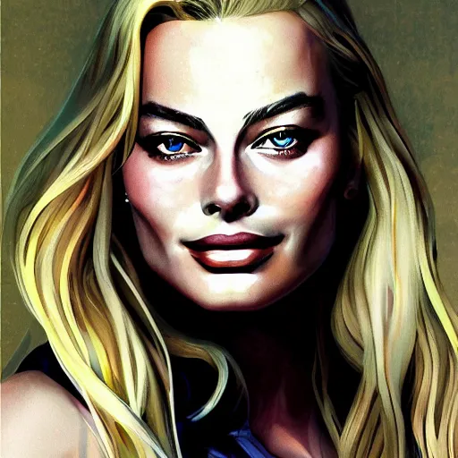 Image similar to a portrait of margot robbie, anime art style, highly realistic, highly detailed, sharp