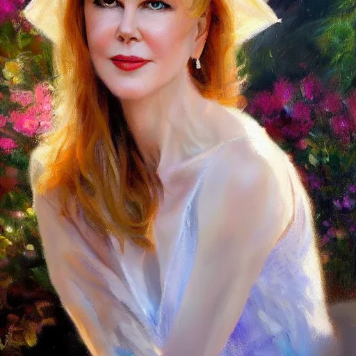 Image similar to closeup portrait of nicole kidman in the garden, evening, highly detailed, ultrarealistic oil painting, vladimir volegov, artstation