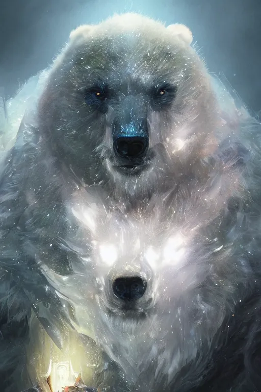 Image similar to a portrait of a crystalized bear by Greg Rutkowski, Sung Choi, Mitchell Mohrhauser, Maciej Kuciara, Johnson Ting, Maxim Verehin, Peter Konig, final fantasy , mythical, 8k photorealistic, cinematic lighting, HD, high details, atmospheric,