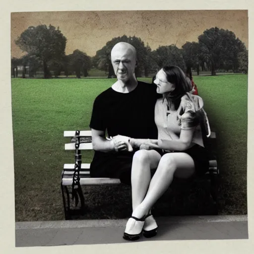 Prompt: a couple sitting on a park bench, collage