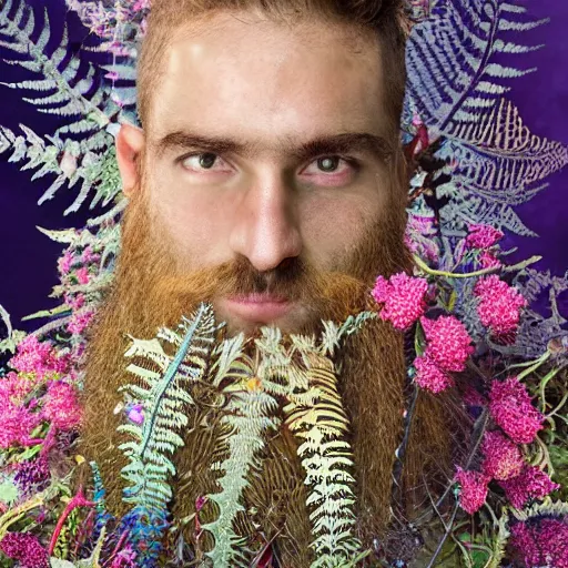 Prompt: a male knight with beard, stern face, clear eyes, shining armour made of steel, and fractal flowery hair in a fractal garden, glowing delicate flower, berries and ferns that grow in a dark flowering fantasy forest, full frame,