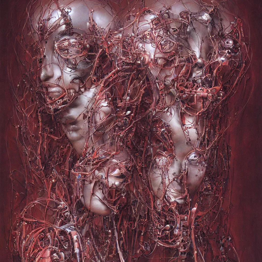 Image similar to portrait of biomechanical woman by wayne barlowe and zdislaw beksinski