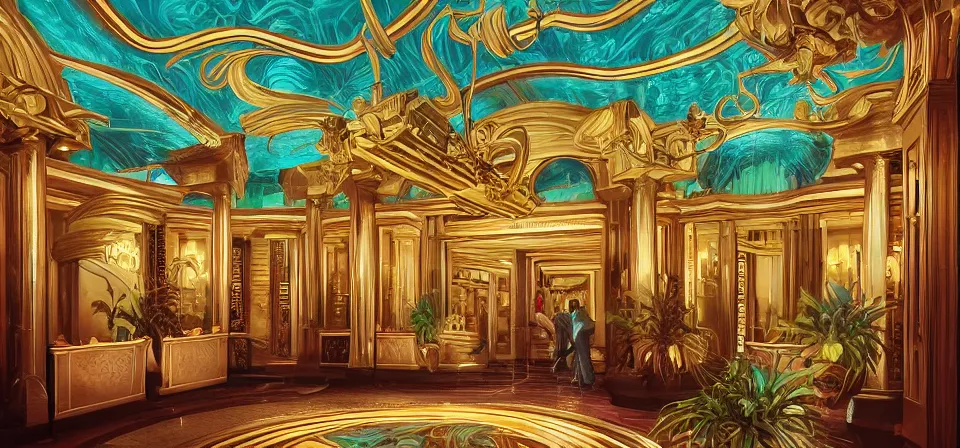 Image similar to vaporwave ombre detailed vast and ornate luxury hotel lobby. underwater themed. highly detailed, digital painting, artstation, concept art, smooth, sharp focus, illustration, ed hopper, chris moore. artgerm, tomasz alen kopera, peter mohrbacher, donato giancola, joseph christian leyendecker, wlop, boris vallejo