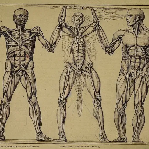 Image similar to page of an old anatomy book of fantastic creatures, depicting the anatomy of a magical fairy, laid out like the vitruvian man, old parchment
