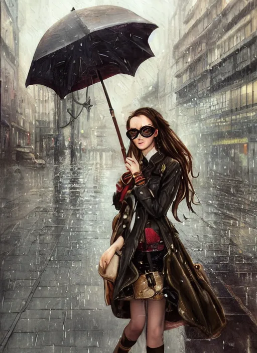 Image similar to girl, steampunk, goggles, pilot, standing in the rain with an umbrella, wet, raindrops, reflections, detailed city background, portait, made by stanley artgerm lau, wlop, rossdraws, james jean, andrei riabovitchev, marc simonetti, yoshitaka amano, artstation