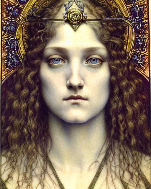 Image similar to detailed realistic beautiful young medieval queen face portrait by jean delville, gustave dore and marco mazzoni, art nouveau, symbolist, visionary, gothic, pre - raphaelite. horizontal symmetry