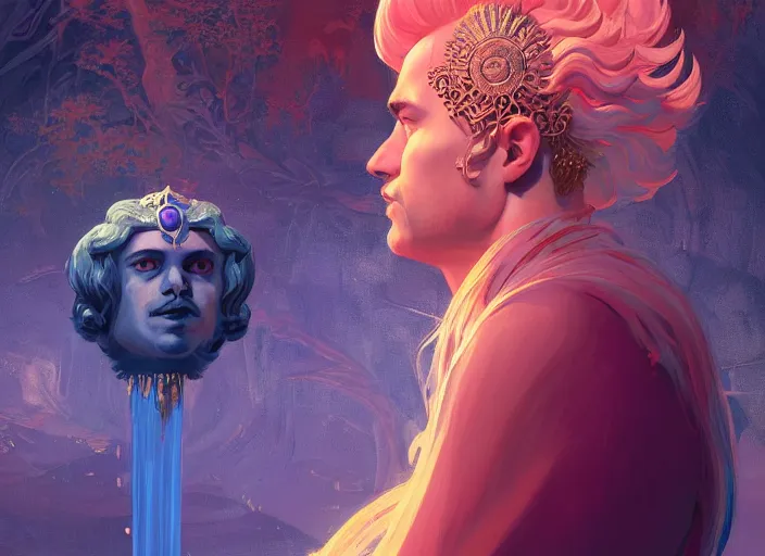 Image similar to wide view picture of a extremely beautiful and aesthetic lord of materialization, sitting on the throne, centred position, bright hair, floating greed cubes on the background, lighting eyes, magic and fantasy, highly detailed face, specular reflection, occlusion shadow, intricate, masterpiece, by ilya kuvshinov and jeremy lipking and quentin mabille