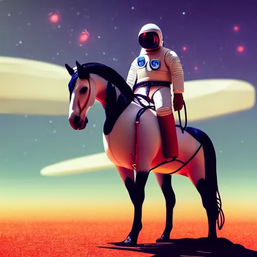 Image similar to photography of animal horse riding on top of an human man in astronaut costume. from western by hiroyuki okiura and katsuhiro otomo and alejandro hodorovski style with many details by mike winkelmann and vincent di fate in sci - fi style. volumetric natural light photo on dsmc 3 system,