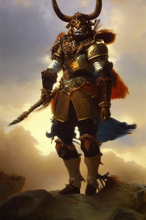 Image similar to oil painting of a tauren wearing full plate armor, in style of ivan aivazovsky, expressive face, detailed face, detailed eyes, full body, feminine face, tracer overwatch,