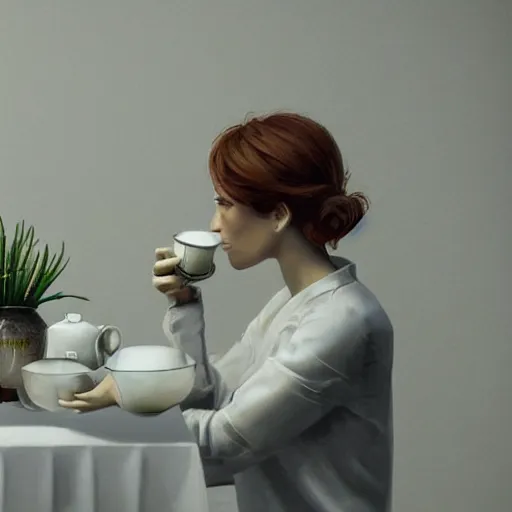 Image similar to photo of glados drinking tea, realistic, sharp focus