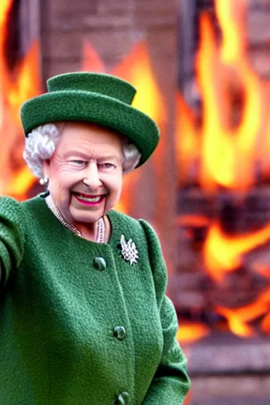 Prompt: queen Elizabeth smiling and waving while on fire