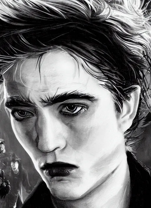 Image similar to scary shot of the sandman with pale skin and black messy hair, robert pattinson, looking back at camera in godlike and villainous way, while eyes shine like white stars above, haunting face, female face, oil painting