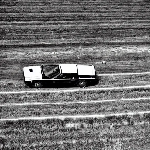 Image similar to a birds - eye view monochromatic sepia photograph of a delorean in a line of covered wagons and cattle,