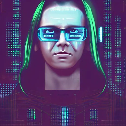 Prompt: a software programmer in cyberpunk style, digital art, dark ambient