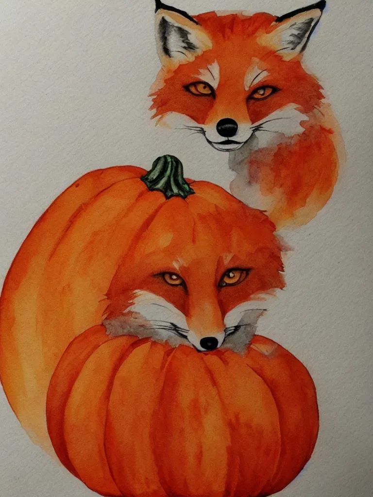 Image similar to autumn fox pumpkin watercolor by arti chauhan trending on artstation