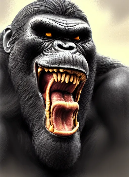 Image similar to portrait of angry king kong, beautiful face, hyper realistic, highly detailed, digital painting, artstation, illustration, concept art by hyung tae and frank frazetta, digital paint, matte paint, washed colors, eating cakes, dark, gloomy, foggy