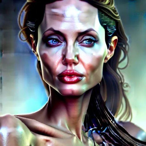 Image similar to beautiful digital painting of angelina jolie background with high detail, 8 k, teen, young, stunning detail, photo by artgerm, greg rutkowski and alphonse mucha, unreal engine 5, 4 k uhd