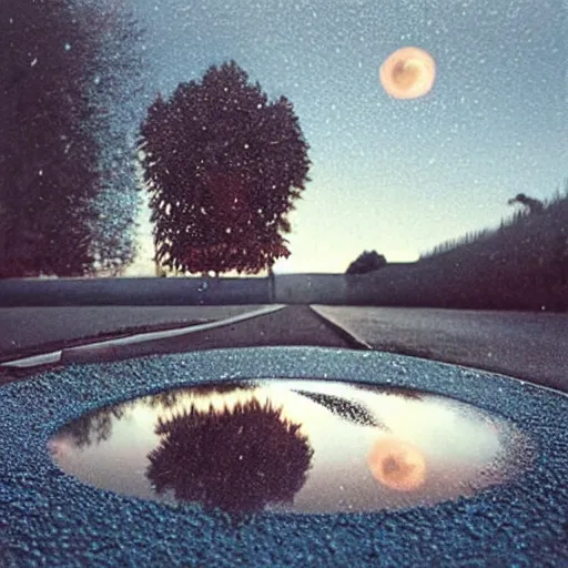 Image similar to 2003 blue Honda Accord leaking large puddle of oil onto driveway, midnight, moonlight, stark lighting, reflective puddle, pool, oil, by Scott Listfield and Mikko Lagerstedt