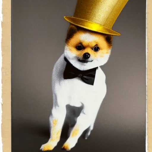 Image similar to a tan pomeranian wearing a top - hat and a monocle and sitting on large pile of featureless gold coins