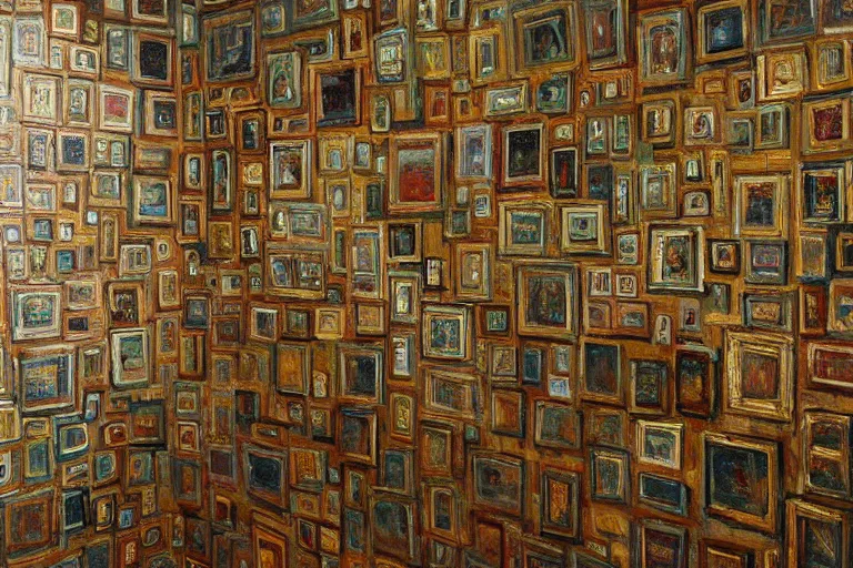 Prompt: hyperrealism, close view of wall with thousand small art painting, in style of classicism