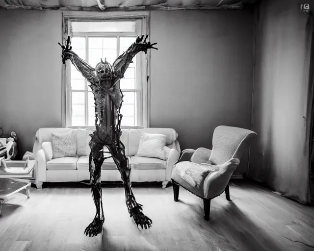 Image similar to transparent horror monster living room interior photo, dynamic pose, full body shot, sharp focus, grainy, corpse, paranormal flashlight, 8 5 mm, iso