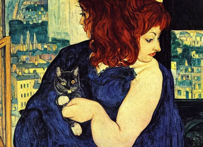 Image similar to close portrait of woman in night gown with cat, with city with gothic cathedral seen from a window frame with curtains. thunderstorm, deep indigo. caravaggio, egon schiele, bonnard, henri de toulouse - lautrec, utamaro, monet - h 7 0 4